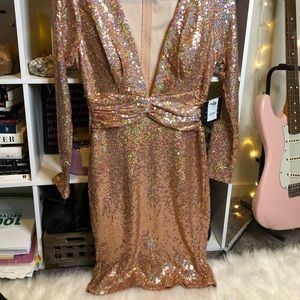 Rose Gold Sequin Plunge Mini Dress